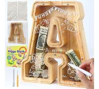 Mikytoper Salvadanaio a forma di lettera dell'alfabeto per bambini e adulti, in legno, personalizzato dalla A alla Z, con area bersaglio, salvadanaio trasparente per decorazione regalo battesimo (A)