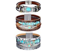 Milacolato 3 Pezzi Bracciali in Pelle Boho Wrap per Donne Uomo con Perline Impilabili Stile Occidentale (Oro/Nero/Grigio/Turchese)