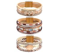 Milacolato 3 Pezzi Bracciali In Pelle per Donne Uomo Boho Wrap Bangle Perline Impilabili Occidentali Gioielli (Oro)