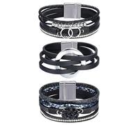 Milacolato 3 Pezzi Bracciali in Pelle per Donne Uomo Boho Wrap Bangle Perline Impilabili Occidentali Gioielli (Oro/Nero/Grigio/Turchese)
