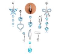 Milacolato 9Pezzi Piercing Ombelico Acciaio Chirurgico 14G Set Piercing Ombelico Anello Pendente Clicker Cuore Farfalla Zirconi Cubici Navel Piercings per Donna-S-Blu