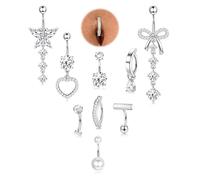 Milacolato 9Pezzi Piercing Ombelico Acciaio Chirurgico 14G Set Piercing Ombelico Anello Pendente Clicker Cuore Farfalla Zirconi Cubici Navel Piercings per Donna-S-Bianco