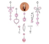 Milacolato 9Pezzi Piercing Ombelico Acciaio Chirurgico 14G Set Piercing Ombelico Anello Pendente Clicker Cuore Farfalla Zirconi Cubici Navel Piercings per Donna-S-Rosa