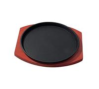 Milageto Piatto da Bistecca in Ghisa con Base in Legno, Dimensioni Personali, Tondo, Sfrigolante, Carne, Padella per Grigliate, per Cucina, RIS, 23 cm