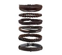 MILAKOO 6 pezzi Bracciale in pelle intrecciata per uomo Donna Braccialetti con perline in legno Wrap regolabile