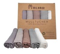 MILAMOR Set di 5 panni di garza, 60 x 60 cm, 100% cotone biologico GOTS, panni per sputa/mussola/pannolini di garza, panno in moltone/panno per il lavaggio del bambino
