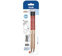 MILAN Blister 2 matite grafite HB MAXI con gomma + 1 temperamatite MAXI