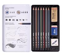 MILAN® Set di 7 matite in grafite (2H,H, HB, B, 2B, 4B e 6B) per disegno, con 2 gomme e temperino, in astuccio metallico