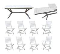 milani home Set Tavolo Rettangolare Allungabile 180/240 X 90 con 6 Sedie E 2 Poltrone in Legno di Acacia Bianco per Esterno Giardino