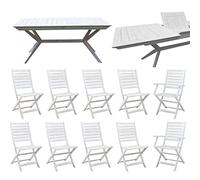 milani home Set Tavolo Rettangolare Allungabile 180/240 X 90 con 8 Sedie E 2 Poltrone in Legno di Acacia Bianco per Esterno Giardino