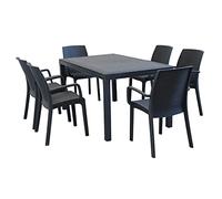 MilaniHome Set Tavolo da Giardino Rettangolare Fisso Cm 150 X 90 con 6 Poltrone con Braccioli in Wicker Stampato Antracite da Esterno