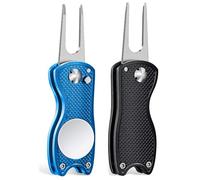 Mile High Life Strumento di riparazione per divot da golf in 2 pezzi con marcatore magnetico per palline | Strumento pieghevole tutto in metallo con pulsante a scomparsa | Supporto per mazze |