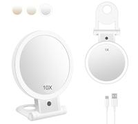MILEDUO Specchio Trucco con Luci LED, Specchio Ingranditore 10X/1X a Doppio Lato, Luminosità Regolabile a 3 Colori, Specchio da Tavolo Pieghevole con Foro per Appendere, Ricaricabile e Portatile