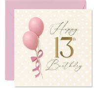 Milestone - Biglietto di auguri per 13° compleanno, per festeggiare con stile, palloncini rosa e oro, pois e un grande quadrato dorato da 13-145 mm, busta inclusa