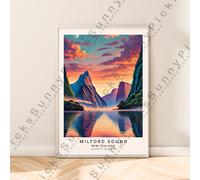 Milford Suono Illustrazione Stampa New Zealand Viaggi Poster Décor senza Cornice