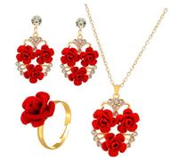 Milisten Set Gioielli da Donna Collana, Anello e Orecchini Pendenti Rossi a Forma di Rosa in Lega Lucida, Resistente e Anallergico, per San, Matrimoni e Feste