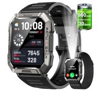 Militare SmartWatch Uomo(Rispondi/Effettua Chiamate), Fitness Tracker con Torcia/Bussola/900mAh Batteria /24H Cardiofrequenzimetro/Sonno/ SpO2/100+ Modalità Sport per Android IOS (2 Cinturini)