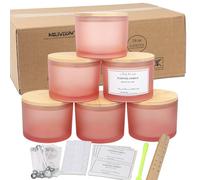 MILIVIXAY Confezione da 6 barattoli per candele da 453,6 g con coperchio in bambù e kit per la creazione di candele, barattoli per candele con 3 stoppini, barattoli vuoti in vetro spesso rosa opaco
