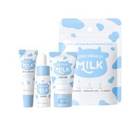 Milk Glowing Skincare Trio Set - Mini kit da viaggio in 3 fasi con siero idratante, crema per gli occhi e crema idratante per il viso, burro di karité, vitamina E, non grasso, nutrimento profondo