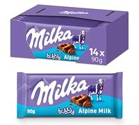Milka, Bubbly, Tavoletta di Cioccolato al Latte con Morbido Cuore al Cacao, 100% Latte Alpino, Cacao Sostenibile, 14x90g (14 tavolette d 90g)