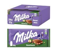 Milka Cioccolato al Latte Alpine con Pezzi di Nocciole, 90g, Confezione da 24 Barrette, 2160g