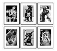 MilkAndCoffeeLab® Set 6 Poster Fashion, Immagini Glamour, stampe artistiche, marchi di moda, decorazioni per pareti casa, soggiorno, camera. Senza cornice. (Fashion Brands b/n, A4 cm 21x29,7)