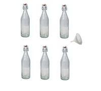 mille idee 6 Bottiglie bottiglia vetro con tappo meccanico 1 litro e imbuto in plastica