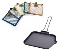 mille idee Bistecchiera Liscia in Ghisa con Manico Pieghevole + Presina Termica in Cotone - Piastra Rettangolare Antiaderente per Carne, Verdure e Griglia - Adatta a Gas, Forno e BBQ 24X24CM Ilsa