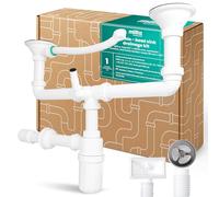 Millto Sifone A Bottiglia Per Lavello Doppio 6/4'' 40/50 mm Set Scarico Con Derivatore Troppo Pieno Griglia In Metallo Plastica Collegamento Lavastoviglie Lavatrice