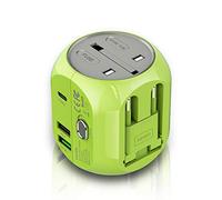 Milool Adattatore da viaggio universale adattatore da viaggio con tre porte USB QC3.0 tipo C (3A) caricatore da viaggio per telefoni e spina per EU/US/UK All-In-One per oltre 200 paesi, verde