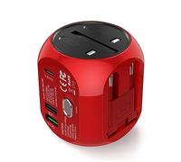Milool Adattatore Universale da Viaggio con QC3.0 Quick Charge 2 Porte USB 3.0 e 1 Interfaccia Type-C US/EU/UK/AU in One Caricatore Multifunzioni per Oltre 180 Paesi, 2 Fuse (Spare Fuse) -Rosso