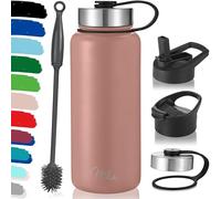 Milu - Borraccia in acciaio inox, con 3 coperchi, thermos con cannuccia, bottiglia isolata termicamente, a prova di perdite, a doppia parete, adatta per bevande gassate (Oro rosa, 1000 ml)