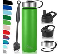 Milu - Borraccia in acciaio inox, con 3 coperchi, thermos con cannuccia, bottiglia isolata termicamente, a prova di perdite, a doppia parete, adatta per bevande gassate (Verde mela, 750 ml)