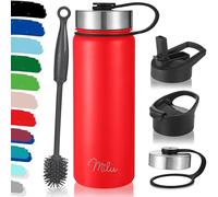Milu - Borraccia in acciaio inox, con 3 coperchi, thermos con cannuccia, bottiglia isolata termicamente, a prova di perdite, a doppia parete, adatta per bevande gassate (Rosso, 500 ml)