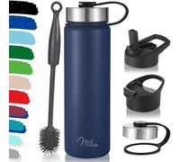 Milu - Borraccia in acciaio inox, con 3 coperchi, thermos con cannuccia, bottiglia isolata termicamente, a prova di perdite, a doppia parete, adatta per bevande gassate (Blu navy, 750 ml)