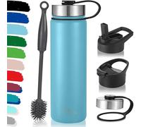 Milu - Borraccia in acciaio inox, con 3 coperchi, thermos con cannuccia, bottiglia isolata termicamente, a prova di perdite, a doppia parete, adatta per bevande gassate (Blu cielo, 750 ml)