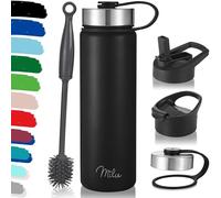Milu Borraccia Termica Acciaio Inox - 500ml, 750ml, 1000ml (+3 coperchi) - Bottiglia Acqua Termos Senza BPA, Isolato Sottovuoto, A Prova di Perdite Anche per Acido Carbonico (Nero, 750ml)