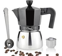 Milu Caffettiera Induzione | 3, 6,9 Tazze | Caffettiera Espresso in Alluminio, Set comprendente sottobicchiere, cucchiaio, spazzola (Nero, 3 Tazze (150ml)