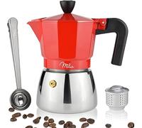 Milu Caffettiera Induzione | 3, 6,9 Tazze | Caffettiera Espresso in Alluminio, Set comprendente sottobicchiere, cucchiaio, spazzola (Rosso, 3 Tazze (150ml)