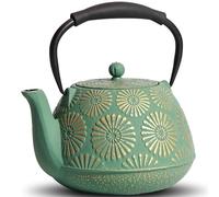 MILVBUSISS Teiera in ghisa, 1200 ml, grande capacità, con infusore, per piano cottura, design Sakura, teiera giapponese per foglie sfuse rivestita con interno smaltato, manico in silicone, verde
