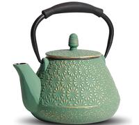 MILVBUSISS Teiera in ghisa, 950 ml, modello giapponese Sakura Blossom, cassaforte per piano cottura, infusore per foglie sfuse e caffè, manico in silicone, interno smaltato, 32 once verde