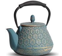 MILVBUSISS Teiera in ghisa, 950 ml, modello giapponese Sakura Blossom, cassaforte per piano cottura, infusore per foglie sfuse e caffè, manico in silicone, interno smaltato, 950 ml, blu
