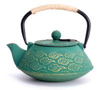 MILVBUSISS Teiera in Ghisa, Teiera Giapponese con Infusore per Foglia Sciolta, Bollitore da Tè da 800ml per Piano Cottura Rivestito con Interni Smaltati, Modello Nuvole, Verde