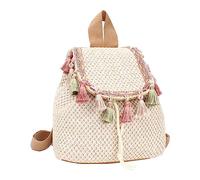 MilyaDE Borsa da spiaggia in paglia, realizzata a mano, con coulisse, borsa a tracolla bohémien per donne, viaggi, vacanze, A nappe bianche