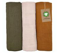 mimaDu Bio GOTS - Set di 3 panni in mussola per bambini, 60 x 30 cm, per bambini e bambine, pannolini di garza, in cotone organico ultra morbido, 3 pezzi (Earth)