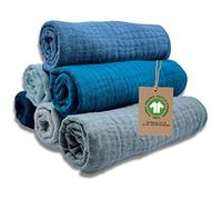 mimaDu - Set di 6 panni in mussola per bambino, in cotone biologico GOTS, 25 x 25 cm, extra morbidi, assorbenti, piccoli asciugamani per la cura del bambino (blu, ocean)