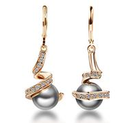 Mimei Orecchini Pendenti Placcati Oro 18ct con Perla Grigia, Orecchini Donna Lunghi Regalo Mamma/Donna Natale Compleanno