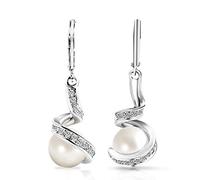 Mimei Orecchini Pendenti Donna Placcati Oro Bianco 18kt con Perle, Orecchini Donna Argento Pendenti Regalo Mamma/Donna Natale Compleanno