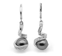 Mimei Orecchini Pendenti Placcati Oro Bianco 18kt con Perle Grigie, Argento Donna Regalo per Mamma/Natale/Compleanno