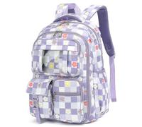 Mimfutu Zaino scolastico per ragazze, borsa per libri per bambini, borse per le scuole elementari, medie e superiori, zaino da viaggio per laptop da donna, Fiori a scacchi viola, Large